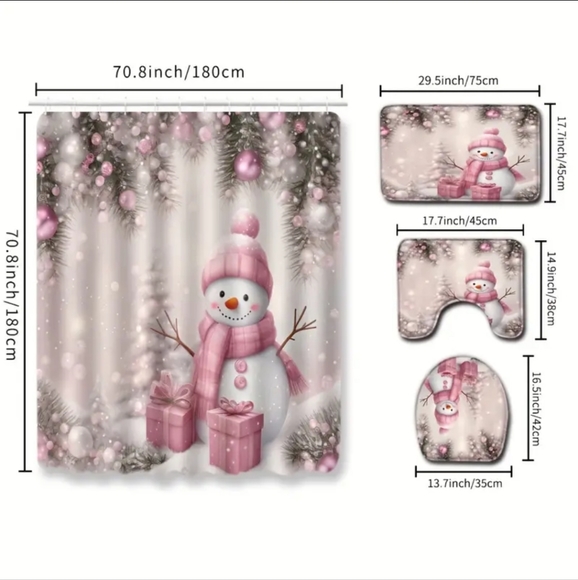 4pc Pink Snowman Shower Curtain & Bathroom Rugs Set |Christmas Holiday Decor NEW - Picture 2 of 11